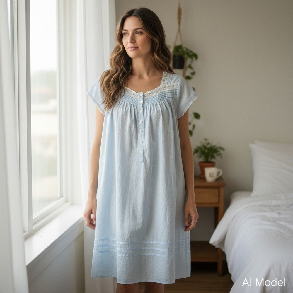 Eileen West Nightgown Womens Medium Blue Cotton Lace Trim Pintuck Sleep Dress